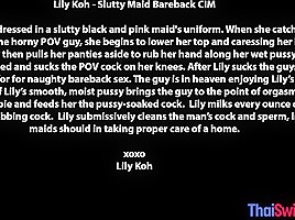 Amateur Thai teen maid Lily Koh cleans a cock with her mouth and pussy