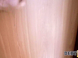 DEBT4k. Good-looking redhead stretched by the collector on the sofa